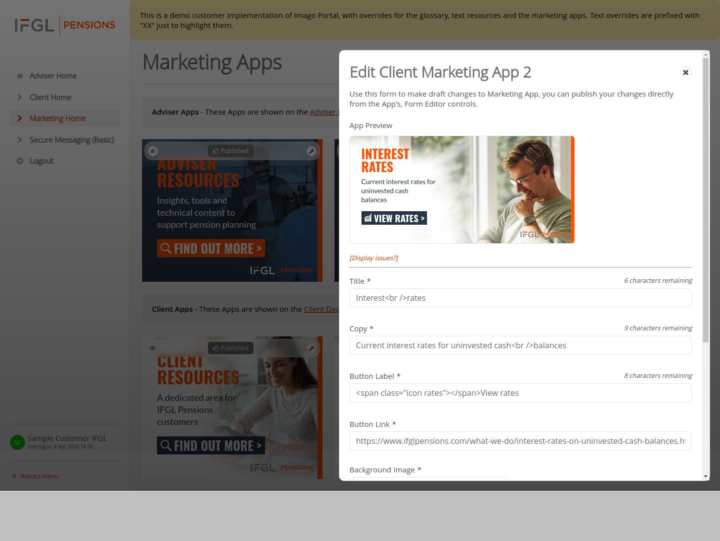 Customer-IFGL > 03 Marketing Dashboard > Edit Marketing Apps